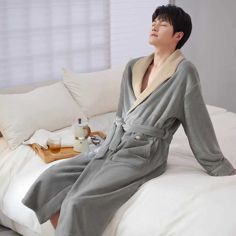 Autumn Winter Bathrobe Men Warm Flannel Sleep Top Kimono Robes For Male Coral Velvet Robes Long Bath Robe Bride Robe Dress GownXJ241018