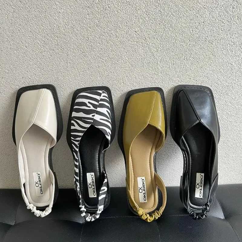 2024 Summer Elegant Womens Sandals Fi Womens Elastic Band Flat Shoes Womens Shallow Party Shoes Square Heel 35-40 Square ToeXJ250319