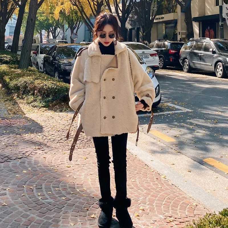 Lamb Woman Wool Jacket 2022 New Winter Fashion Double Breasted Prairie Chic Thick Loose Korean Style Hip Hop Jacket FemaleX241018
