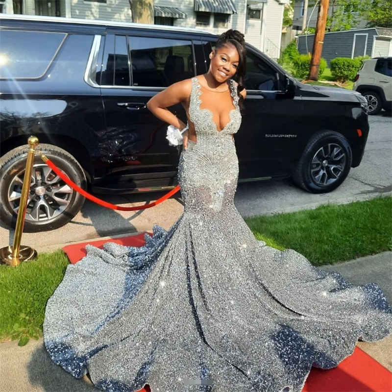 Silver Sparkly Prom Dresses Full Sequined Beaded Crystal Mermaid Evening Dress With Sweep Train Backless Formal Occasion Birthday Dress Shine Vestio D