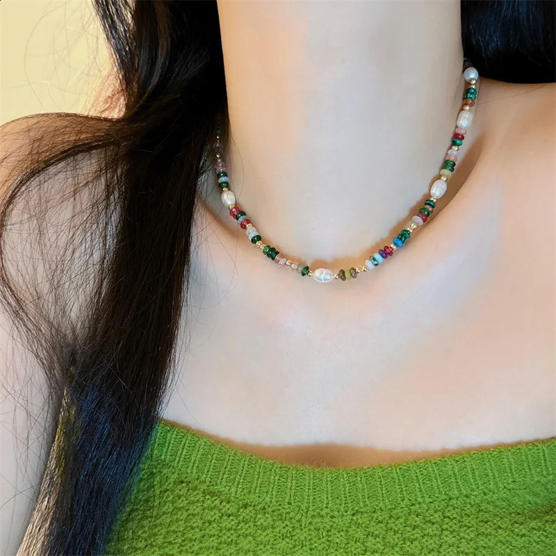 Bohemian handmade colorful irregular stones natural pearl beads simple casual necklaces party jewelry accessories 241018