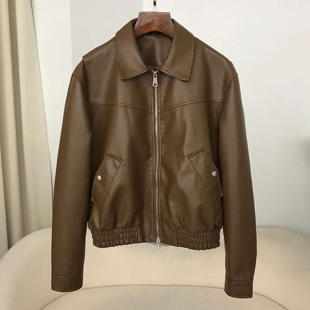 Coat Lady 2024 Short Motorcycle Faux Women Autumn American Vintage PU Leather Jacket High Street