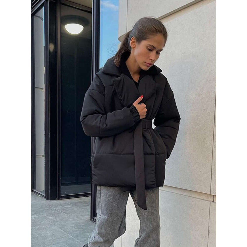 Winter Women Puffer Coat With Belt Fashion Turn-Down Collar Long Sleeve Female Warm Jacket Autumn Loose Lace Up Ladies Outwear