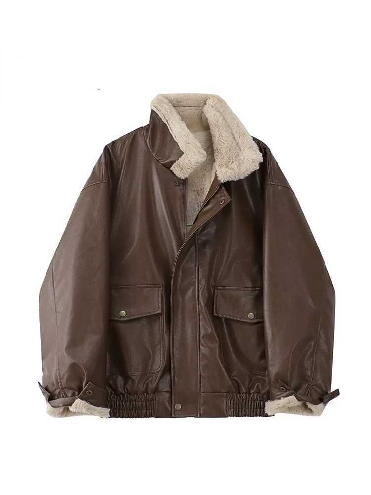 Winter Womens Fur Leather Coats Long Sleeved Loose Warm Lamb Wool Vintage Thickened Locomotive Lapel Female PU Motorcycle CoatX241018