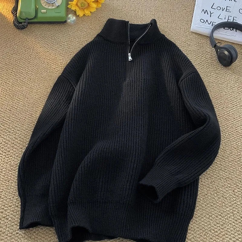 Autumn Winter Half Zipper Sweater for Men Knitted Thickened Vintage Solid Color Comfortable Fashion Clothing Pullover 241018