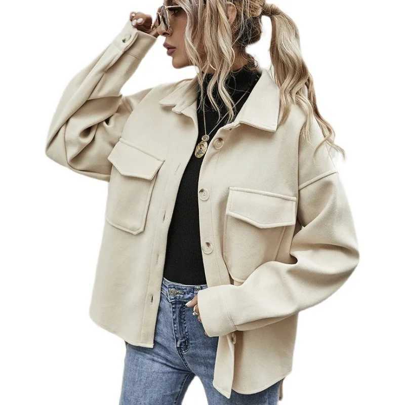 Women Solid Loose Cardigan Pocket Coat Spring Autumn Woolen Coat Women Long Sleeve Single Breasted Turn-down Collar Woolen CoatX241009