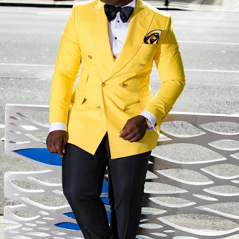 Yellow Double Breasted Prom Suits For Mens Slim Fit 2 Pieces Formal Wedding Groom Tuxedos Jacket With Black Pants Fashion Costume