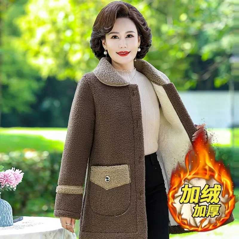 Middle Aged Womens Winter Jacket Lamb Wool Coat New Thicke Cotton Padded Jacket Warm Mid Long Particle Fleece Coat Female ParkaX241018