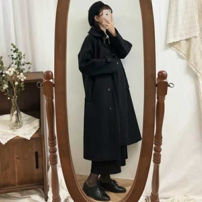 Womens Coat Winter Korean Fashion Long overknee Coated Thickened Woolen Winter Coat for Women Black Coat HarajukuX241009