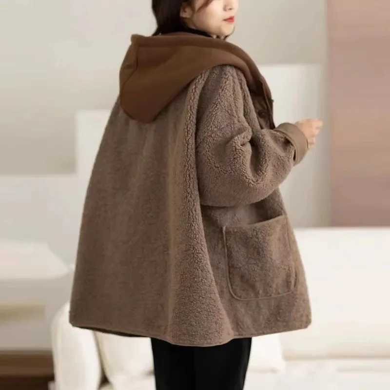 Korean Ladies Join Together Hooded Lamb Plush Jacket Autumn Winter Female Medium Long Styles Coat Large Size Baseball OutwearX241018