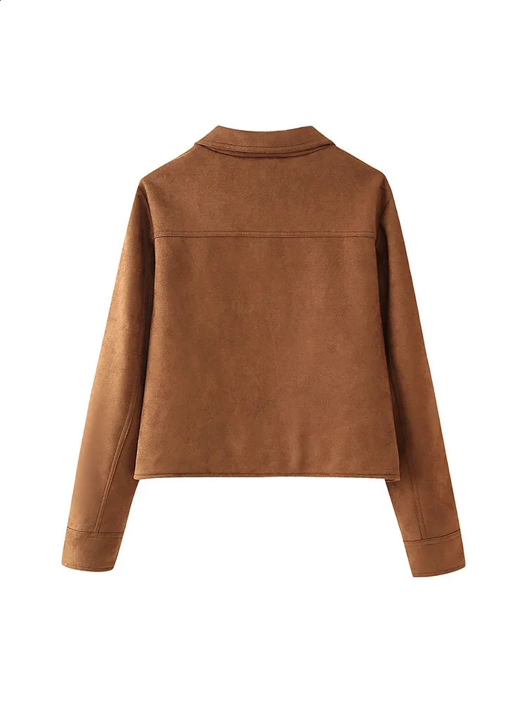 TRAF Autumn Winter Brown Womens Slim Fit Suede Short Jackets Fashion Single Breasted Long Sleeves Cropped Coats Lady Streetwear 241017
