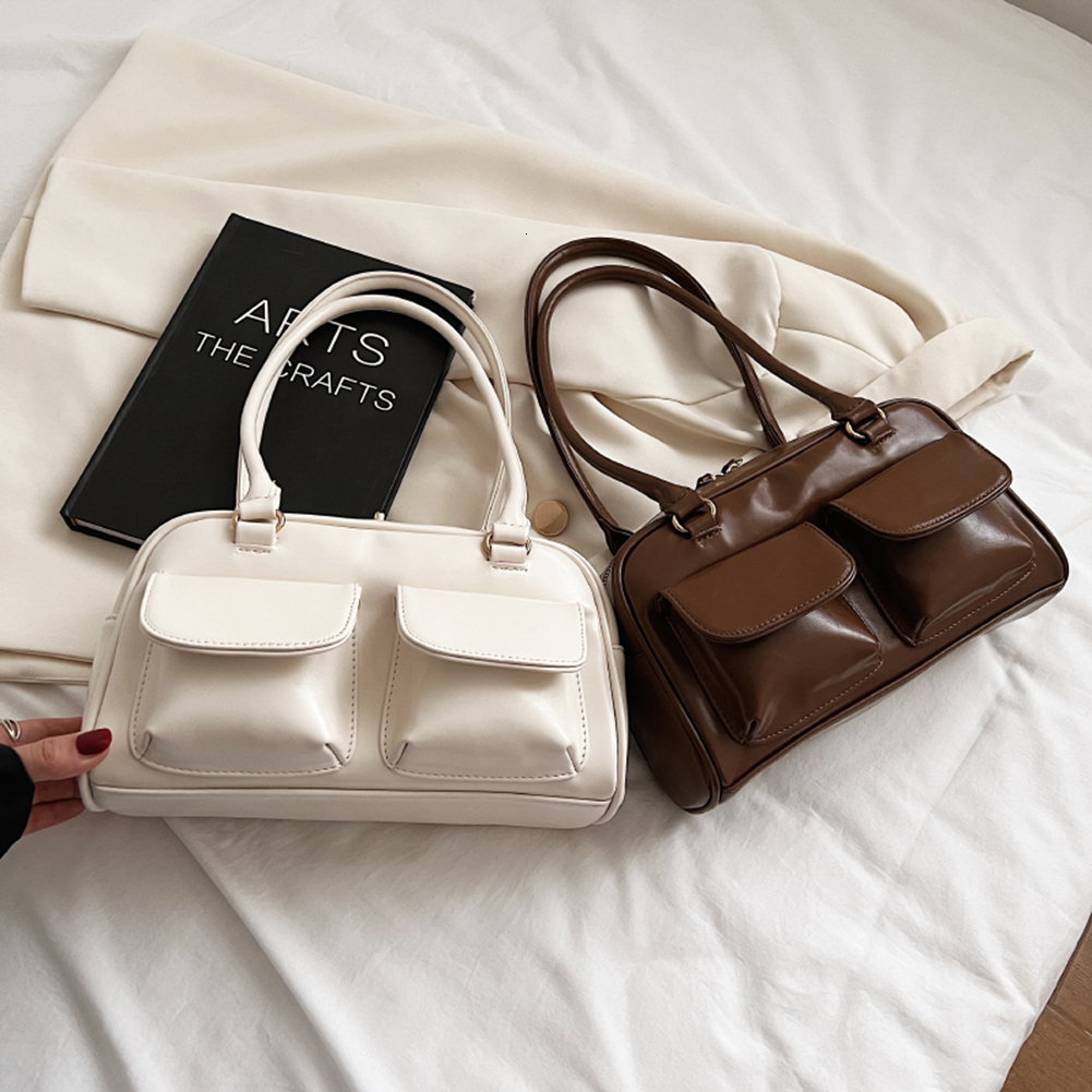 PU Leather Women Tote Double Pocket Top-Handle Bags Fashion Solid Designer Armpit Bag Casual Zipper Portable Ladies Purses