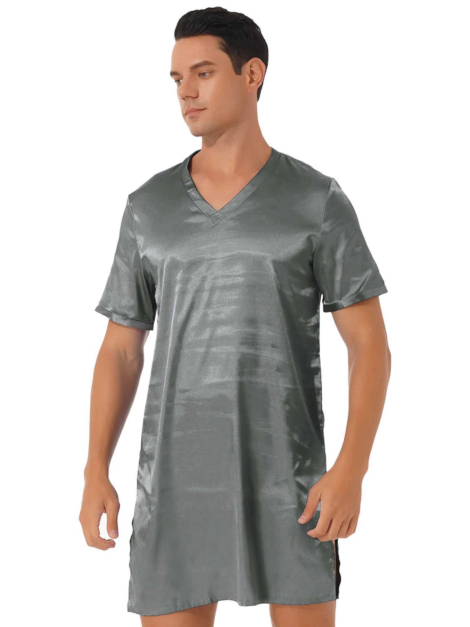 Men Women Satin Pajamas Nightgown V Neck Short Sleeve Bathrobe Sleepwear Pijama Nightclothes Homewear Sides Split NightwearXJ241018