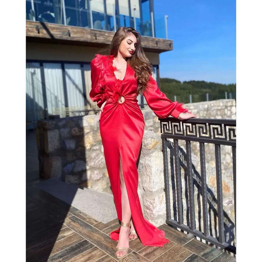 Sexy Feather Sleeve Red Dress Long With Beads Applique Lace Satin Formal Ocn Custom Made Or Length