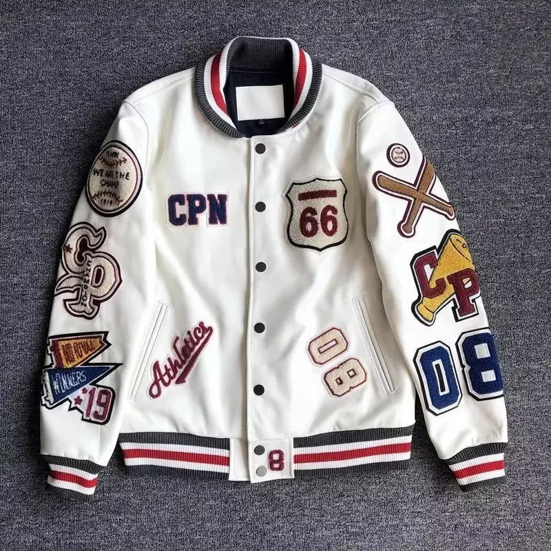 Y2K Baseball Uniform Jackets retro trend leather jacket Multiletter embroidery white short coat Mens spring and autumn 241018