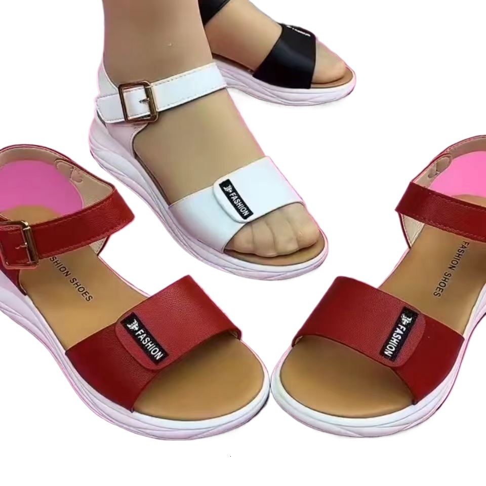 Summer PU Leather Open Toe Women Platform Fashion Buckle Flat Sole Woman Red Outdoor Casual Ladies Beach Sandals Ddmythur