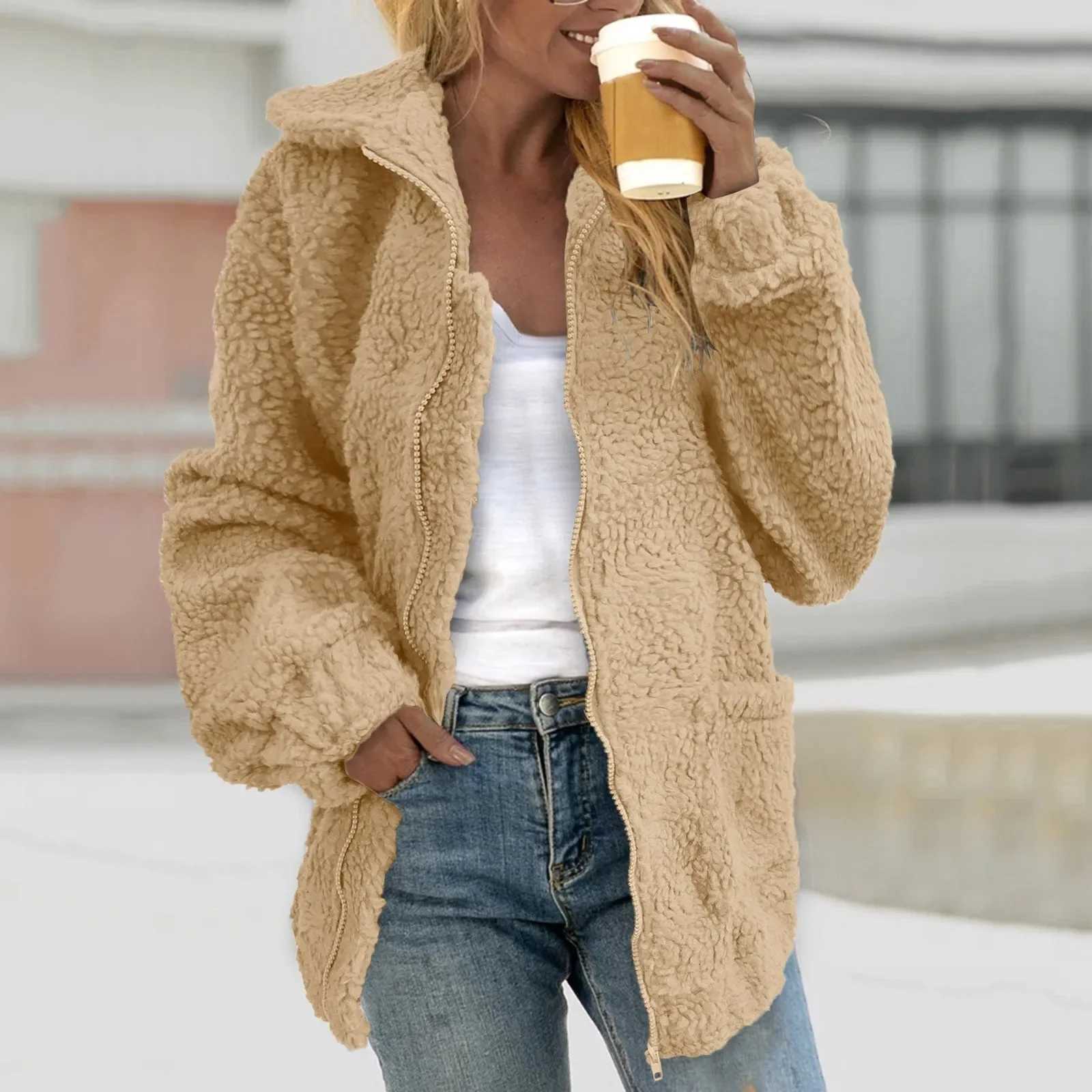 Fashion 2023 Autumn Women Teddy Bear Fluffy Jacket Stand Collar Loose Plush Jacket Brown Solid Warm Outwear Faux Lamb CoatsX241018