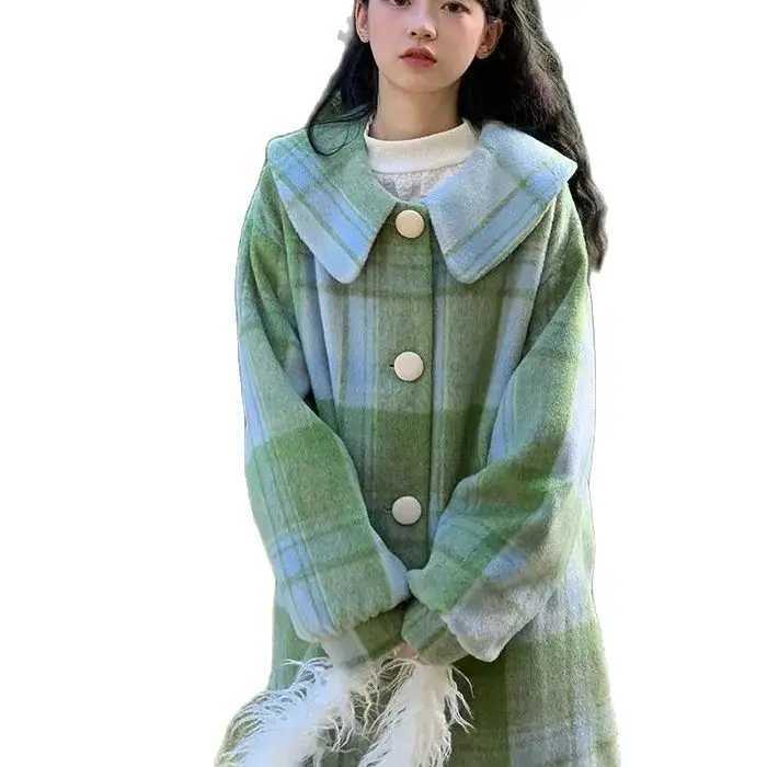 Woolen Coat Loose Fit Plaid Green Button Design Doll Collar Big Size Long New Long Sleeve Women Fashion Tide Autumn Winter 2023X241009