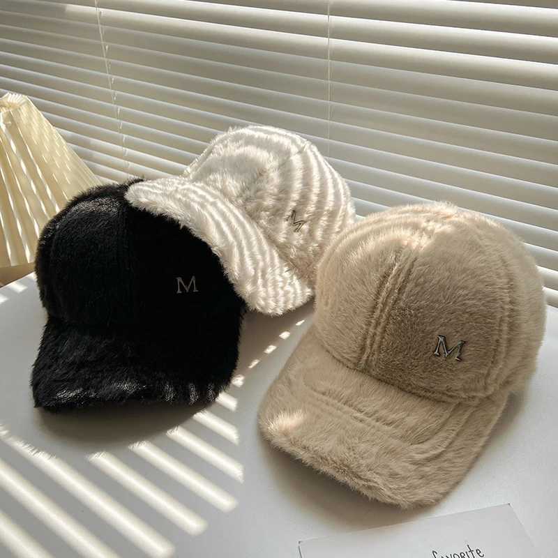 M Letter Rabbit Fur Blended Cap Ins Tide Brand Female Autumn and Winter All-match Plush Hat Suitable for Face Big Baseball CapsX241018