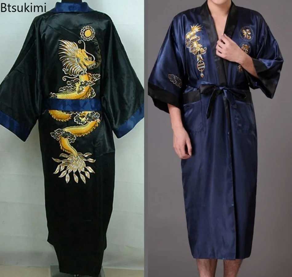New2024 Chinese Style Embroider Dragon Robes Casual Satin Pajamas Robe Man Females Tang Suit Couple Kimono Bathrobe Home ClothesXJ241018
