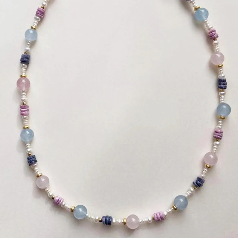 Summer Bohemian Natural Stone Necklace Mixed and Matched with Small Freshwater Pearls Exquisite Necklace Sweet Gold Plated Charm Jewelry 241018