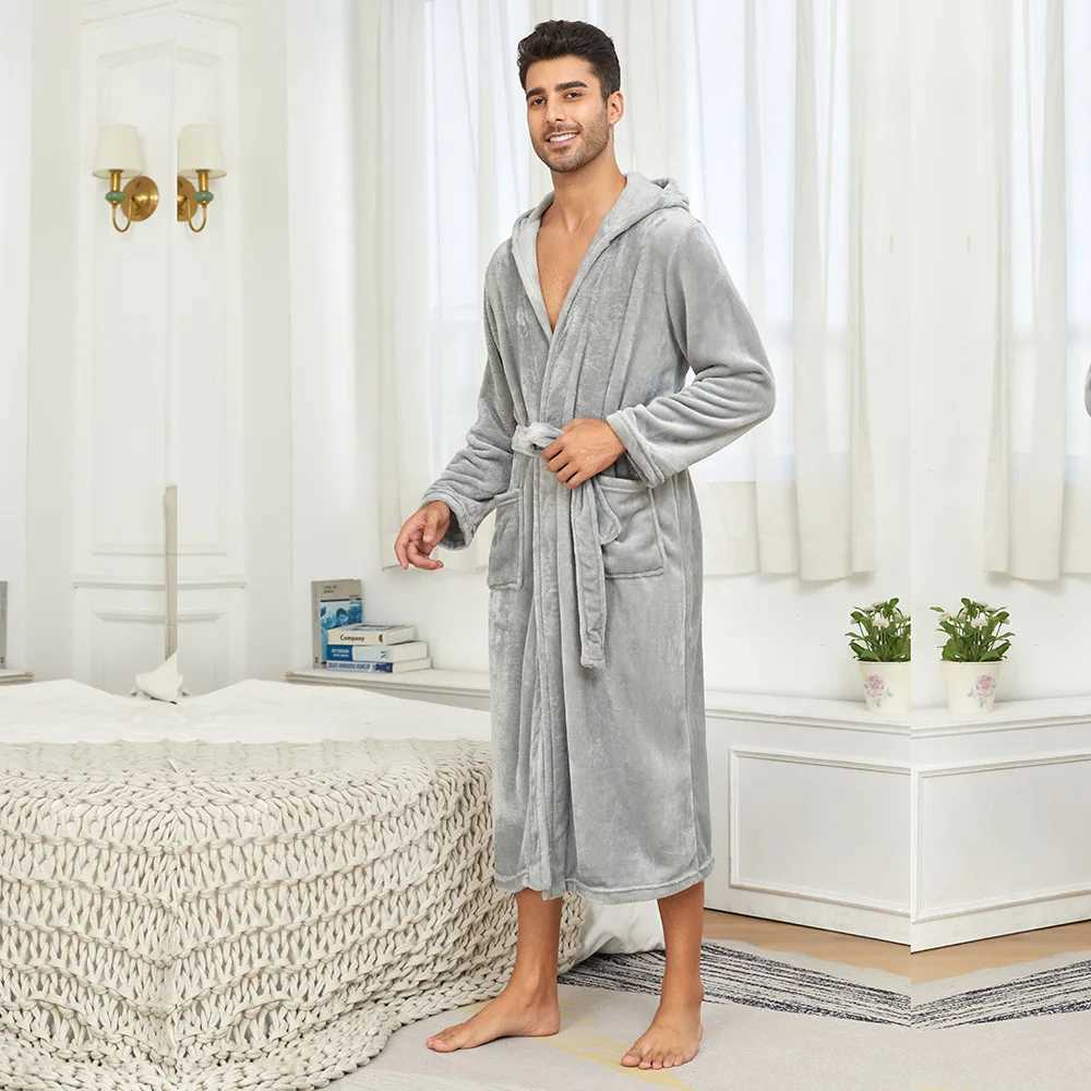 Solid Color Hooded Kimono Shower Robe for Men Autumn Winter Warm Shower Bathrobe Gown Soft Home Clothes with Pocket NightgownXJ241018