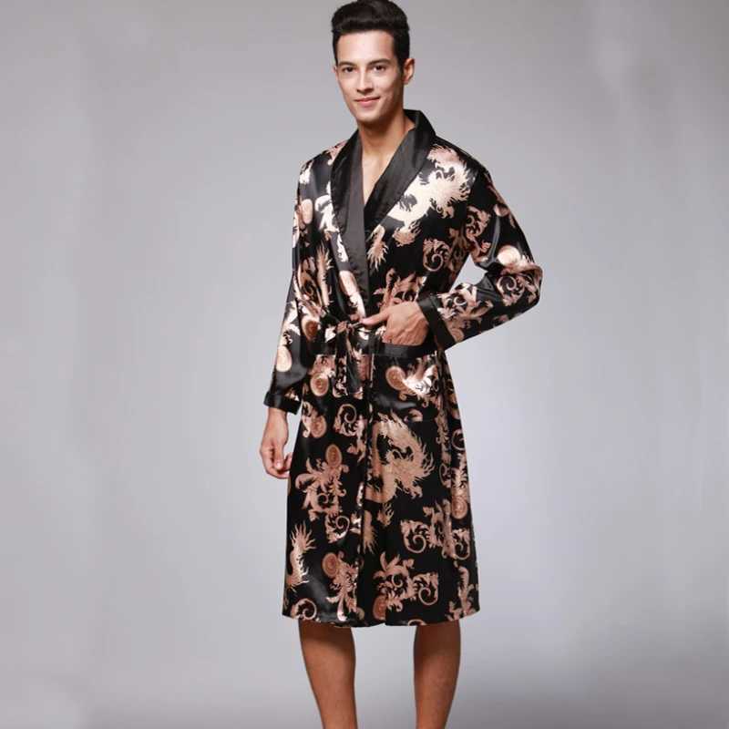 SSH0127 Spring Autumn Mens Bathrobes Printed Male Pajamas Full Sleeves Nightwear Sleepwear Satin Silk Robe Pyjama Belt Men RobeXJ241018