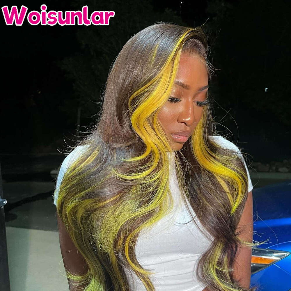 Highlight Brown and Yellow human hair 13X4 Transparent Lace Front Body Wave Wigs For Women Human Hair Wig 100%