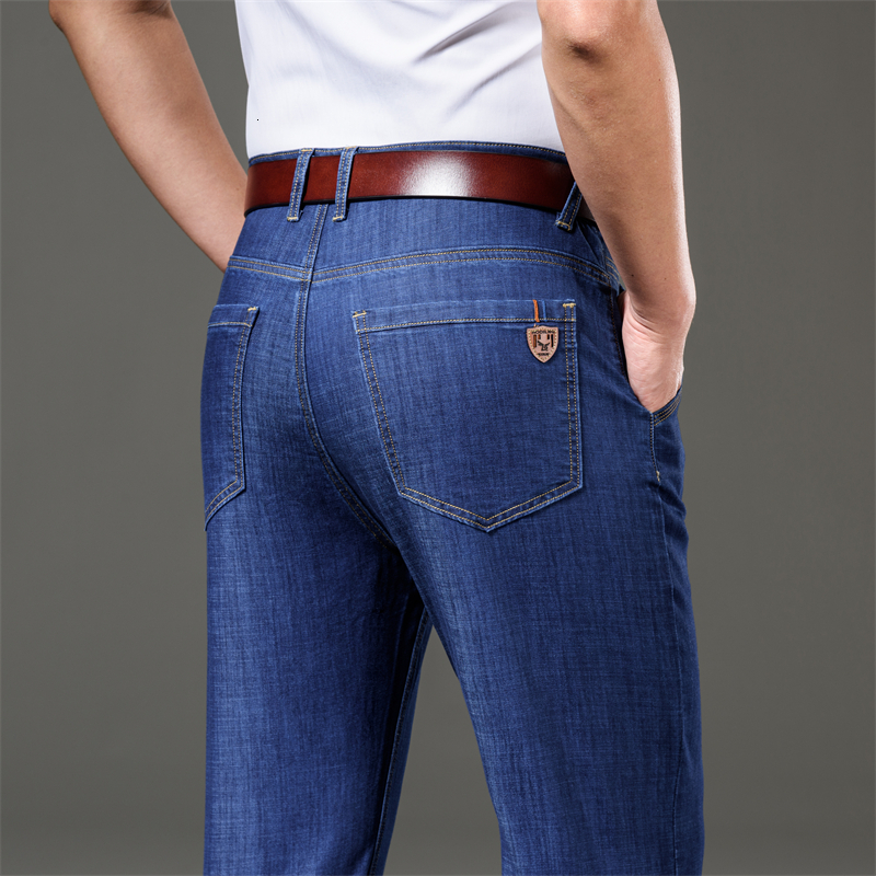 Summer Spring Mens Relaxed Fit Flex Jean 2023 New Men High Waist Business Casual Classic Black Blue Denim Trousers
