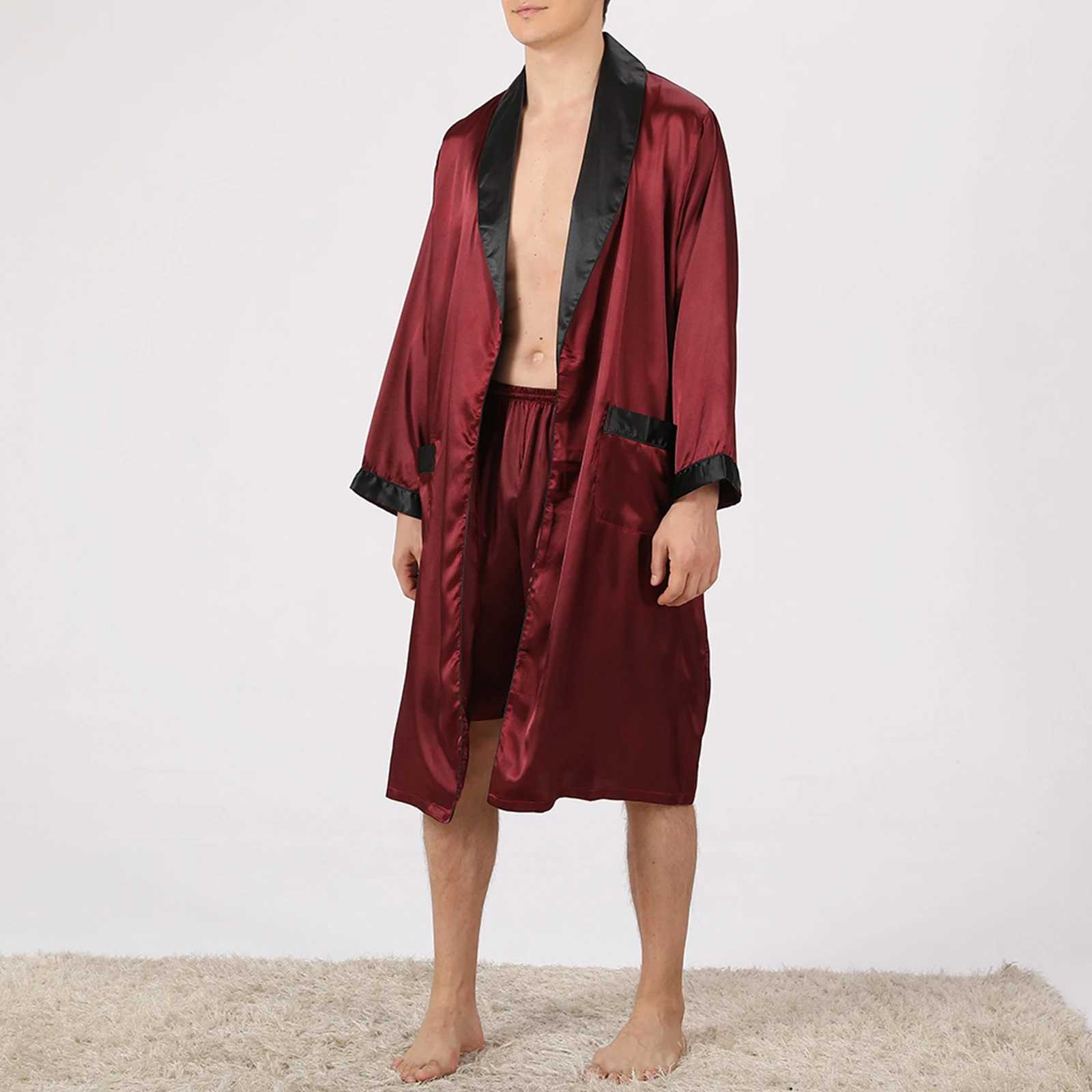 Douhoow Men Pajama Set Summer Male Long Sleeve Open Front Robe with Shorts and Belt Sleepwear LoungewearXJ241018