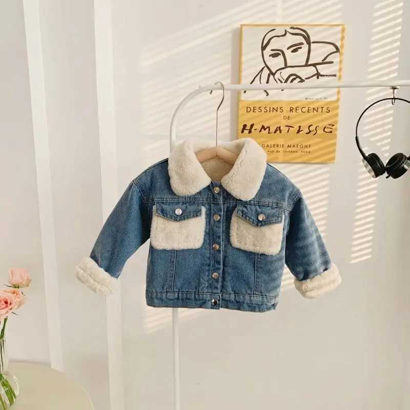 Childrens denim jacket new girls plush and thick denim jacket Korean boys baby cotton jacket autumn and winter clothing M241018