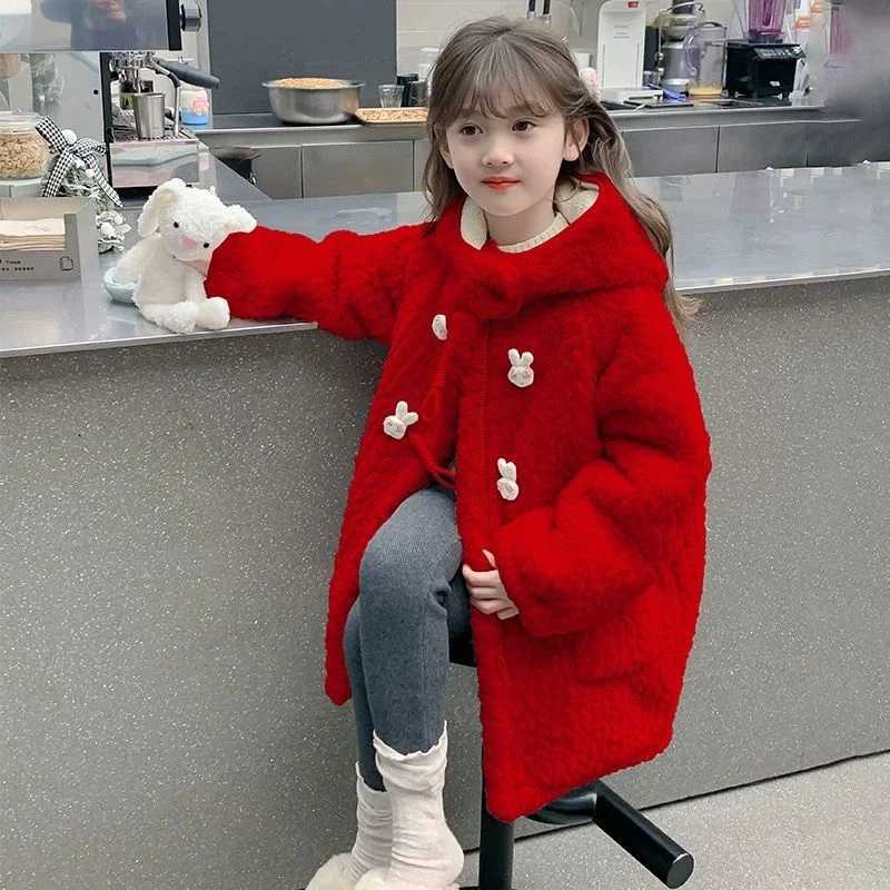 Girls outerwear windproof jacket plush winter autumn warm cotton school sports youth clothing M241018