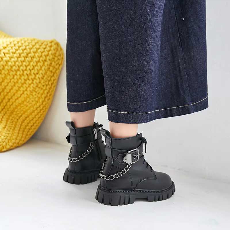Boots Children New Boots Soft-soled Girls Boots Autumn and Winter Warm British Style Boys Leather Boots dent Metal Chain Hot H241018