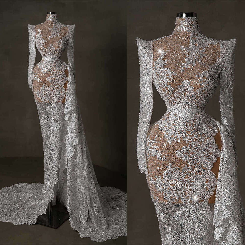 Fashion See Through Mermaid Wedding Dresses Appliques Bridal Gowns Pearls Sequins Custom Made Vestido de novia