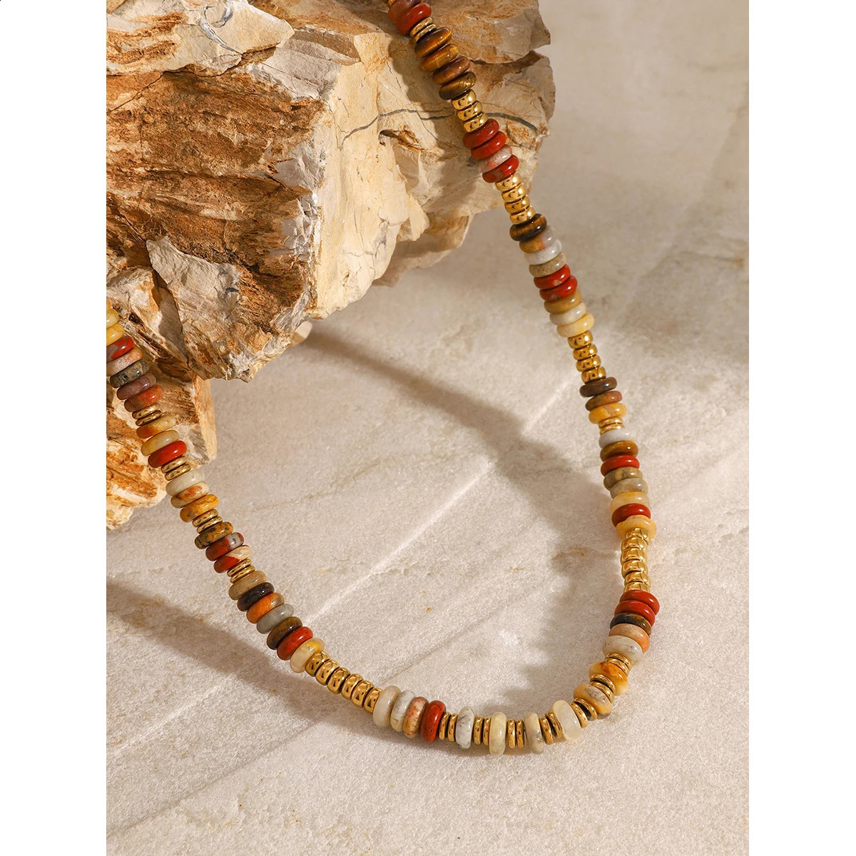 Uworld colorful natural stone semi stainless steel bead waterproof handmade necklace suitable for womens fashion treatment jewelry 241017