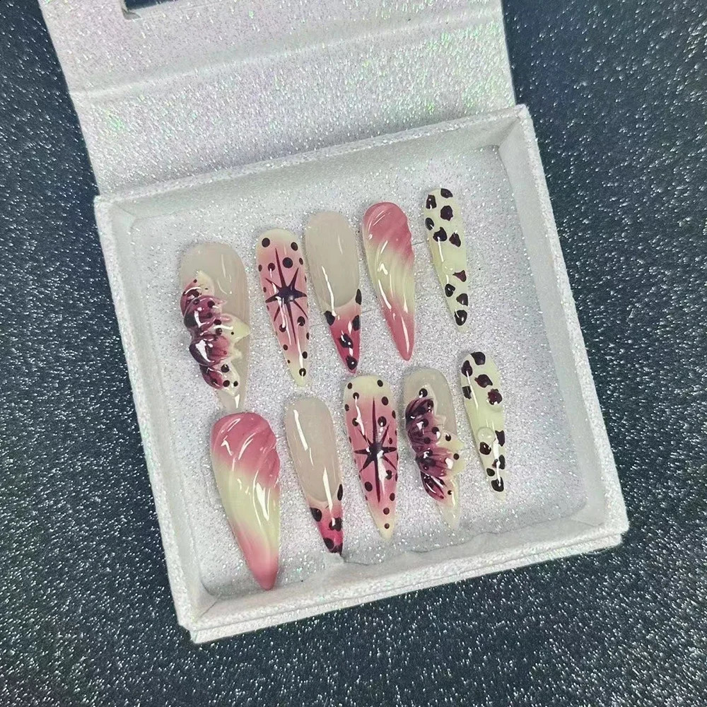 Hellokitty Love Pearl Leopard Print false Nails Pure Handmade European and American Five-Pointed Star Press-On Nails Party Gift 241017