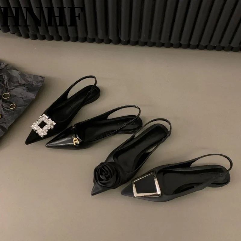 HNHF Women design Sandals Fashion Rhinestone Slip on Flats Heels Ladies Pointed Toe Elegant Slingback Sandals Shoe