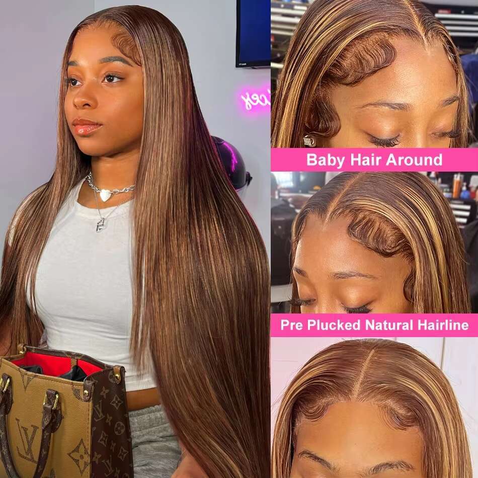200% Density 13X6 13X4 Highlight Ombre HD Lace Front Wig 4/27 Honey Blonde Human Hair Bone Straight Lace Frontal Wigs For Women