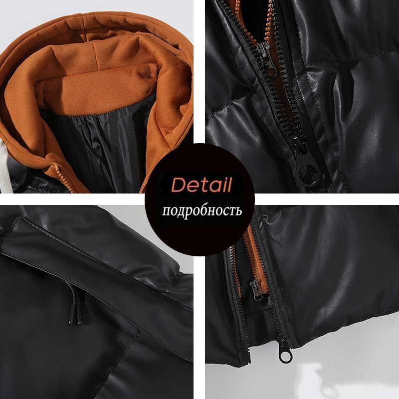 Winter Men Hooded Casual PU Leather Jackets Coat Man Thick Outdoor Puffer Parka Male Streetwear Oversize Bomber Jackets Overcoat LX241018