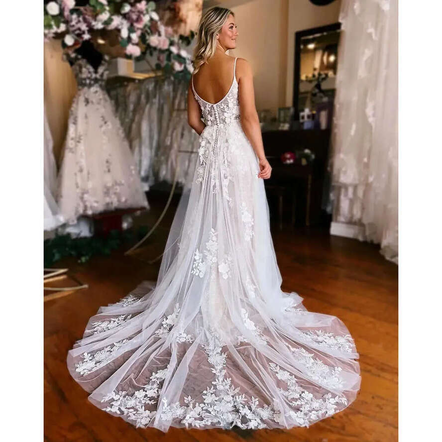 Summer Tulle Bohemian Elegant Lace Wedding Drs A E Backls Spaghetti Straps Appliqu Ruffl Long Bridal Gowns With Front Split Rob De Bc ppliqu