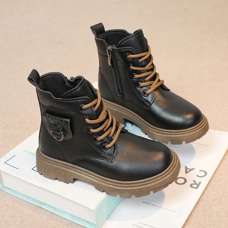 Boots Girls Ankle Boots Kids Fashion Boot Side Zipper with Metal Buckle Fashion Classic Children Rubber Boots Black 2024 Autumn Winter H241018