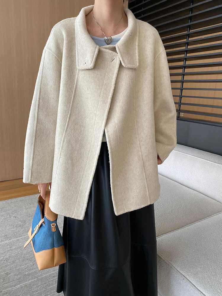 EAM Beige Belted Big Size Elegant Woolen Coat New Lapel Long Sleeve Women Jacket Fashion Tide Autumn Winter 2024 1DH7359X241009
