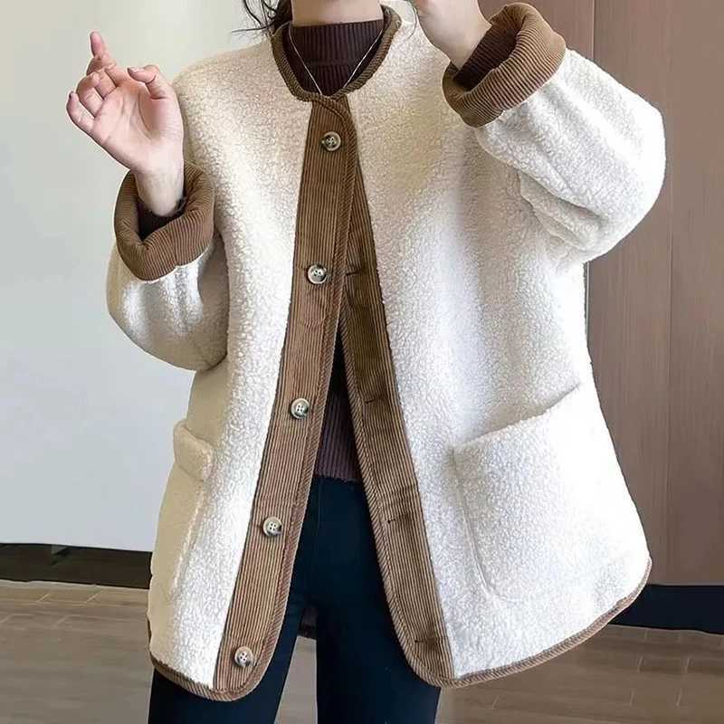 Hdspq Contrast Vintage Lamb Wool Jacket Women Fashion O-Neck Single Breasted Plush Coats Woman 2023 Autumn Winter Warm OuterwearX241018