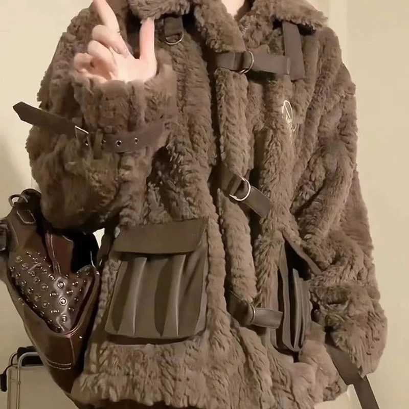 GIDYQ American Retro Lamb Wool Cotton Coat Women Winter Warm Stand Up Collar Long Sleeve Jacket Fashion Loose Plus Fleece TopX241018