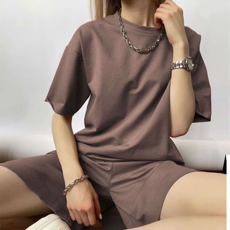 Hirsionsan Soft Cotton Sets Women 2021 New Casual Two Pieces Short Sleeve T Shirts And High Waist Shorts Solid Outfits Tracuit