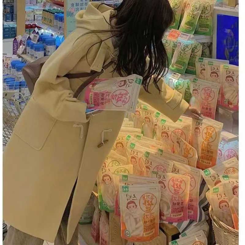 2023 New Woolen Coat for Women Goose Yellow Horn Button Coat for Autumn Winter Small Gentle Windbreaker Thick Hoodie OvercoatX241009