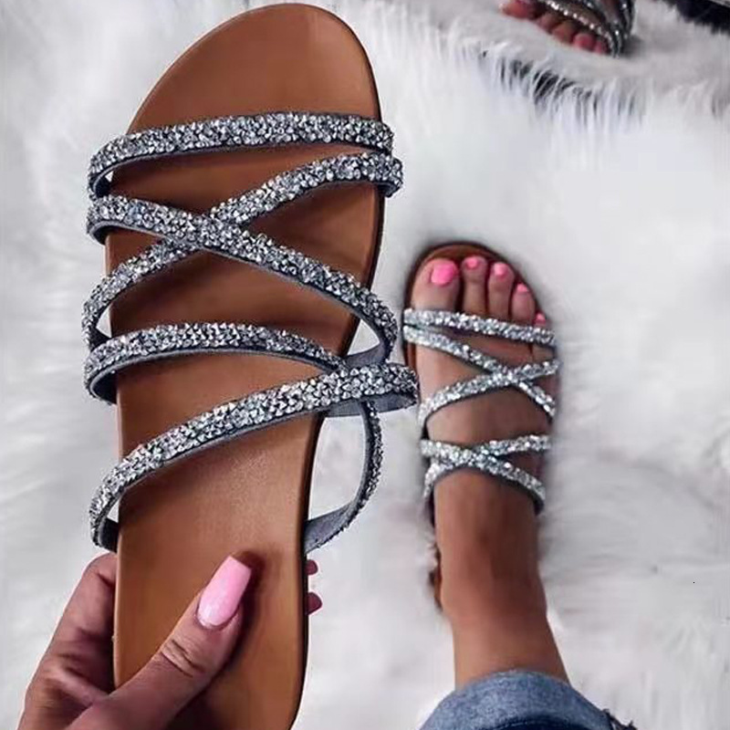Summer New Style Beach Exposed Round Toe Flat Bottomed Diamond Sandals For Women In Large Sizes Ddmythur