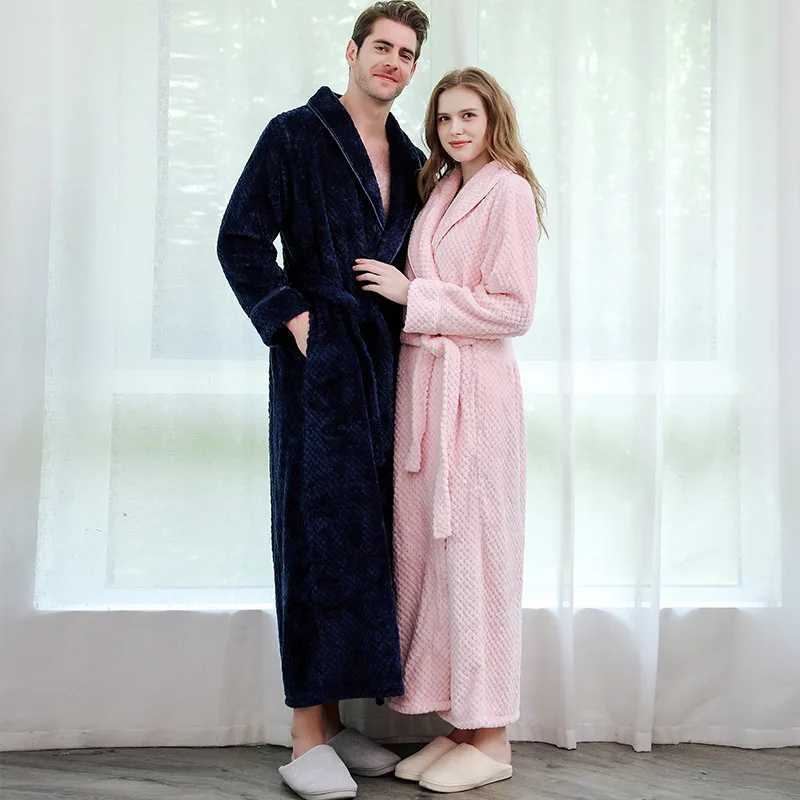 Autumn Winter Thick Flannel Couples Long Robe Sleepwear Warm Coral Fleece Bathrobe Loungewear Loose Casual Home Wear NightwearXJ241018