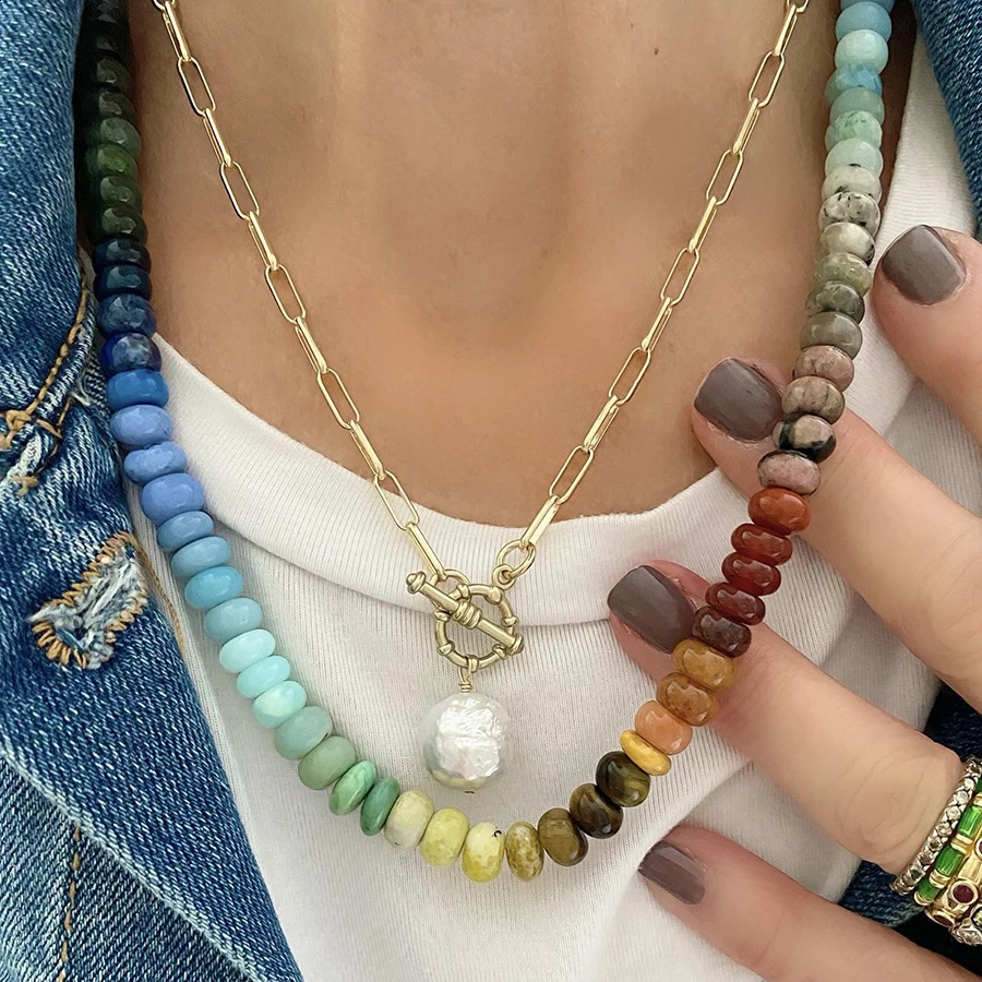 Natural stone womens collar ultimate cool childrens strand semi face bead antique gold-plated necklace 241017