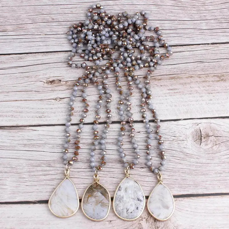 Matte gold Bordure irregular natural stone pendant necklace handmade 8mm glass bead knotted chain boutique jewelry 241018